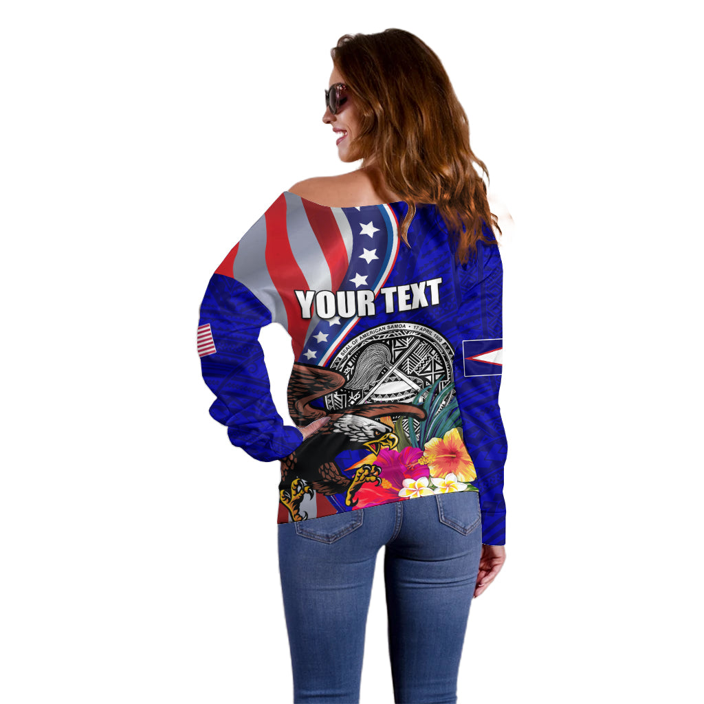Personalised American Samoa and United States Off Shoulder Sweater Bald Eagle and Seal Hibiscus Polynesian Pattern