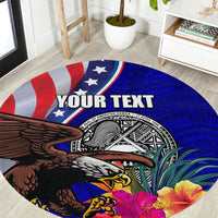 Personalised American Samoa and United States Round Carpet Bald Eagle and Seal Hibiscus Polynesian Pattern LT03 Blue - Polynesian Pride