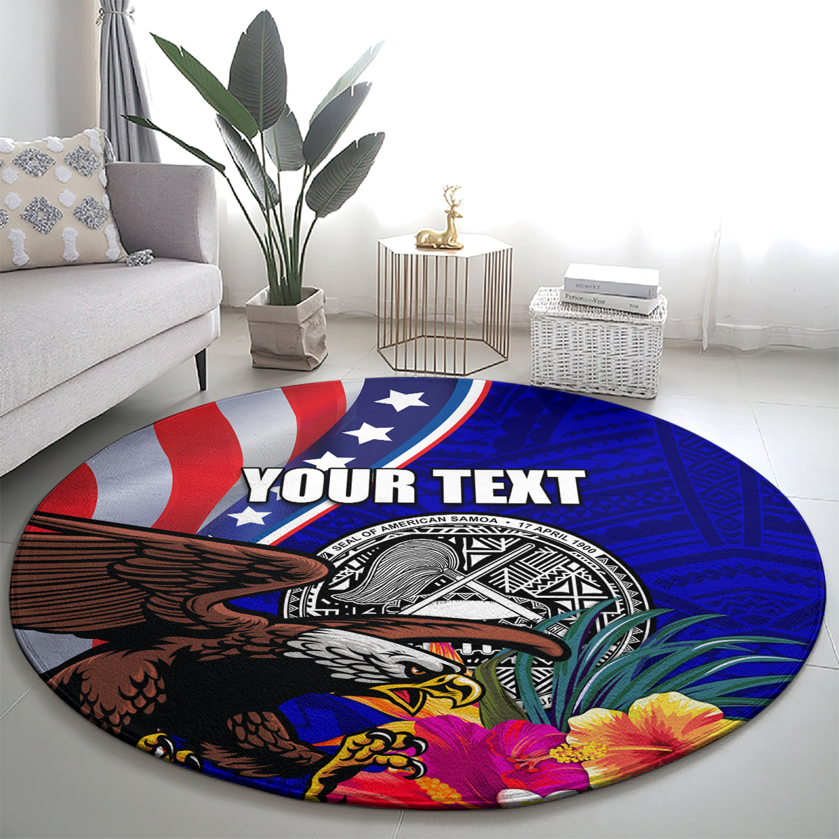 Personalised American Samoa and United States Round Carpet Bald Eagle and Seal Hibiscus Polynesian Pattern LT03 - Polynesian Pride