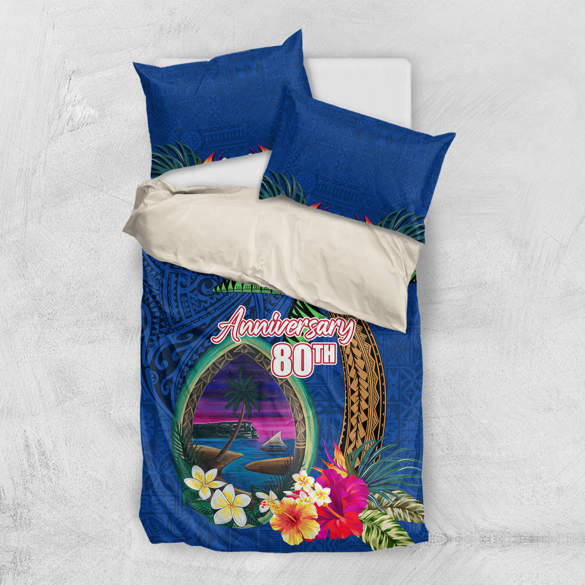 Guam Liberation Day 80th Anniversary Bedding Set Palm Tree and Seal Artwork Hibiscus Polynesian Pattern