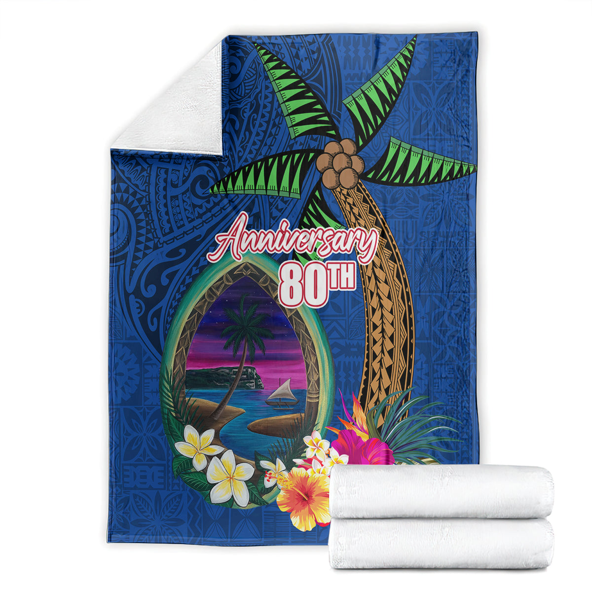 Guam Liberation Day 80th Anniversary Blanket Palm Tree and Seal Artwork Hibiscus Polynesian Pattern