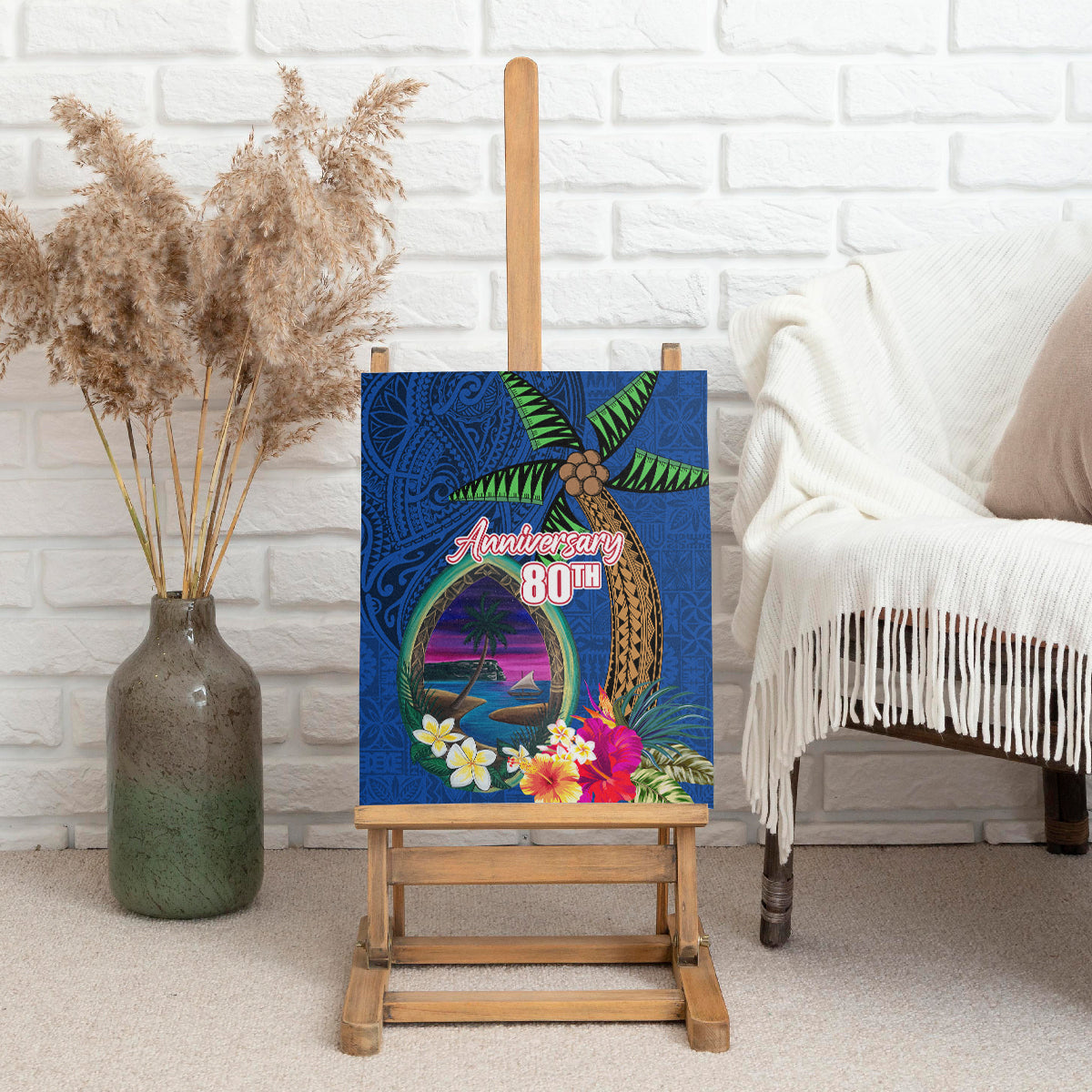 Guam Liberation Day 80th Anniversary Canvas Wall Art Palm Tree and Seal Artwork Hibiscus Polynesian Pattern