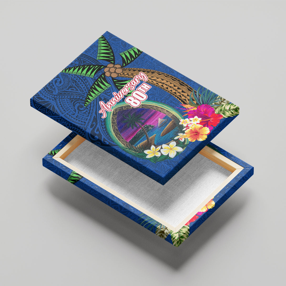 Guam Liberation Day 80th Anniversary Canvas Wall Art Palm Tree and Seal Artwork Hibiscus Polynesian Pattern