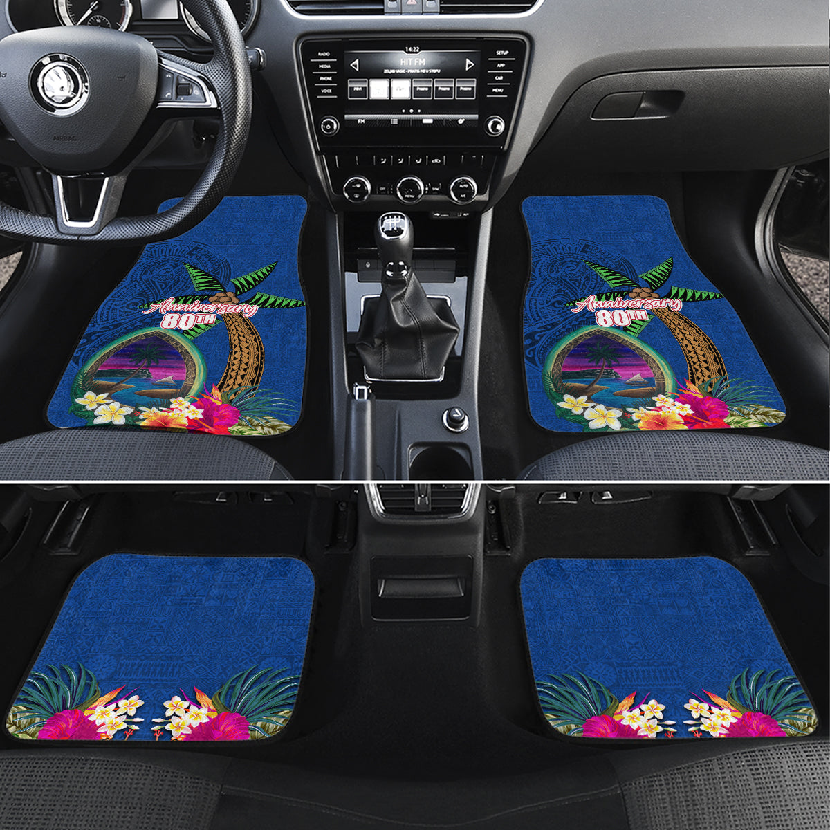 Guam Liberation Day 80th Anniversary Car Mats Palm Tree and Seal Artwork Hibiscus Polynesian Pattern LT03 Set 4pcs Blue - Polynesian Pride
