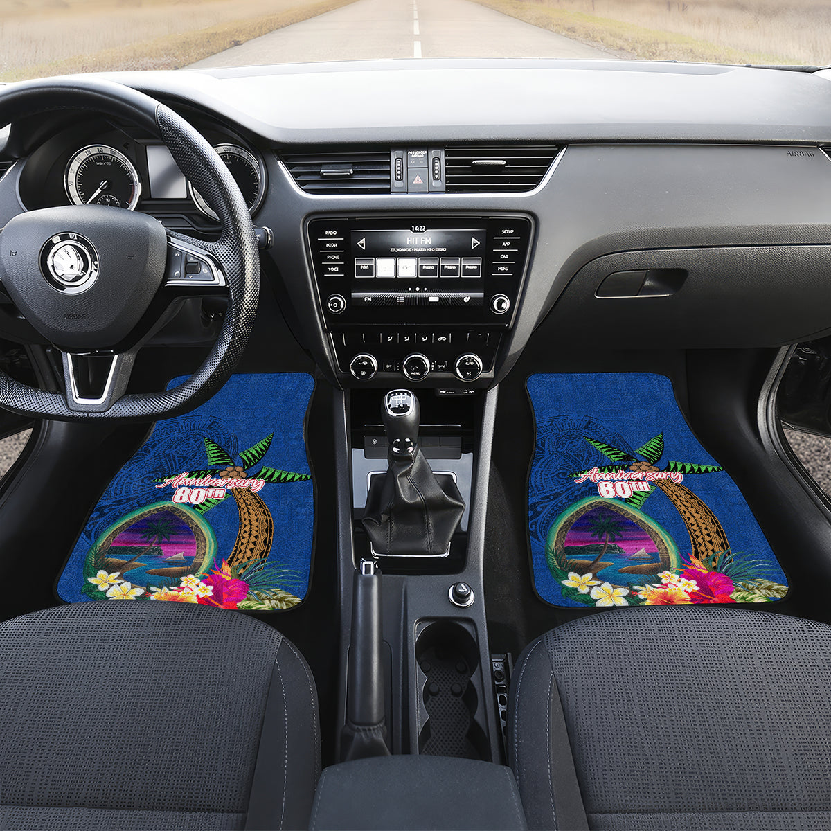 Guam Liberation Day 80th Anniversary Car Mats Palm Tree and Seal Artwork Hibiscus Polynesian Pattern LT03 Set 2pcs - Front Blue - Polynesian Pride
