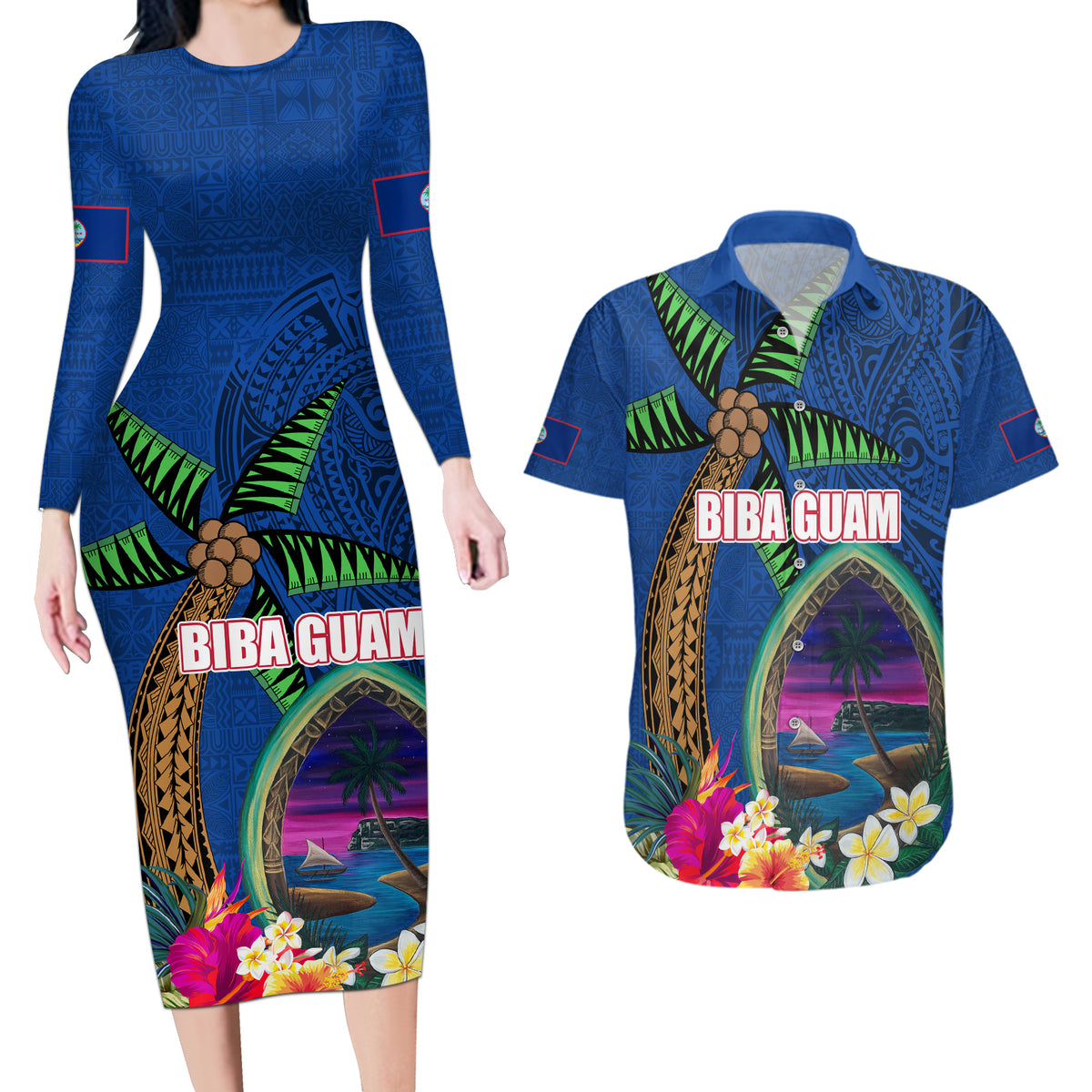 Guam Liberation Day 80th Anniversary Couples Matching Long Sleeve Bodycon Dress and Hawaiian Shirt Palm Tree and Seal Artwork Hibiscus Polynesian Pattern LT03 Blue - Polynesian Pride
