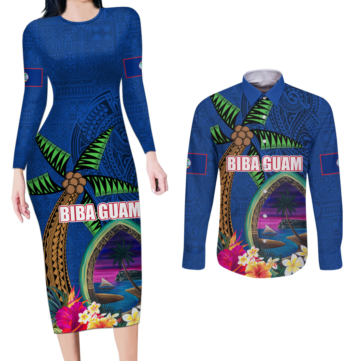 Guam Liberation Day 80th Anniversary Couples Matching Long Sleeve Bodycon Dress and Long Sleeve Button Shirt Palm Tree and Seal Artwork Hibiscus Polynesian Pattern LT03 Blue - Polynesian Pride