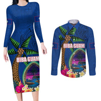 Guam Liberation Day 80th Anniversary Couples Matching Long Sleeve Bodycon Dress and Long Sleeve Button Shirt Palm Tree and Seal Artwork Hibiscus Polynesian Pattern LT03 Blue - Polynesian Pride