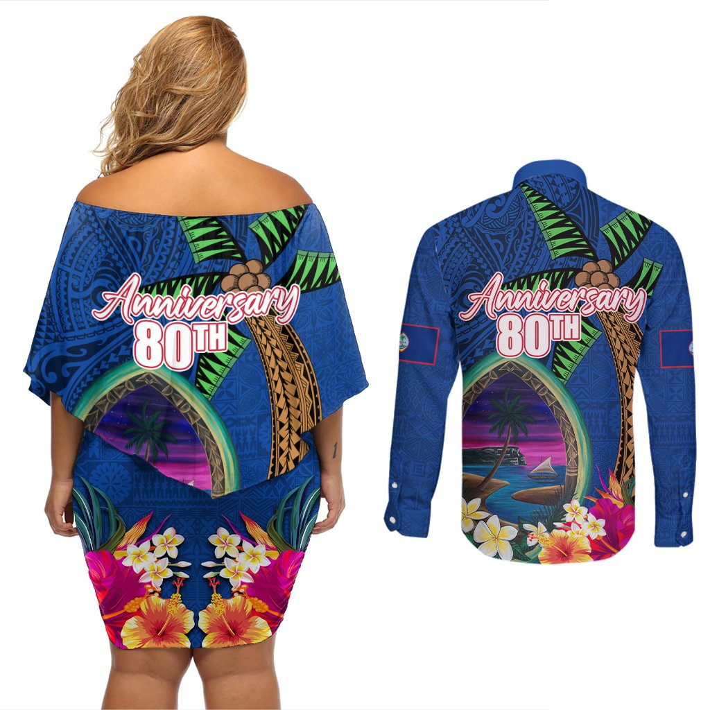 Guam Liberation Day 80th Anniversary Couples Matching Off Shoulder Short Dress and Long Sleeve Button Shirt Palm Tree and Seal Artwork Hibiscus Polynesian Pattern