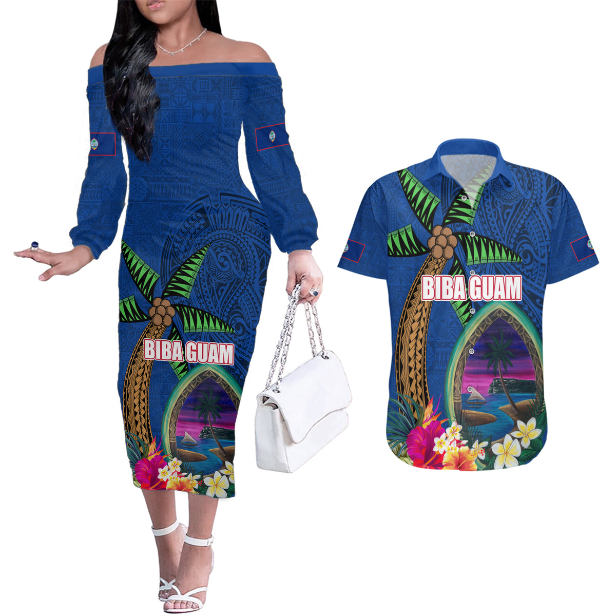 Guam Liberation Day 80th Anniversary Couples Matching Off The Shoulder Long Sleeve Dress and Hawaiian Shirt Palm Tree and Seal Artwork Hibiscus Polynesian Pattern LT03 Blue - Polynesian Pride