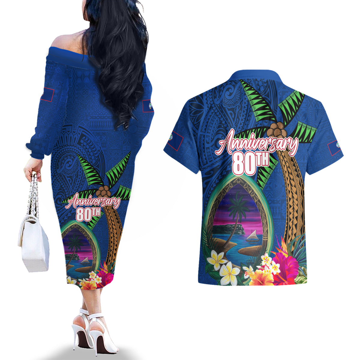Guam Liberation Day 80th Anniversary Couples Matching Off The Shoulder Long Sleeve Dress and Hawaiian Shirt Palm Tree and Seal Artwork Hibiscus Polynesian Pattern LT03 - Polynesian Pride