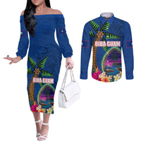 Guam Liberation Day 80th Anniversary Couples Matching Off The Shoulder Long Sleeve Dress and Long Sleeve Button Shirt Palm Tree and Seal Artwork Hibiscus Polynesian Pattern LT03 Blue - Polynesian Pride