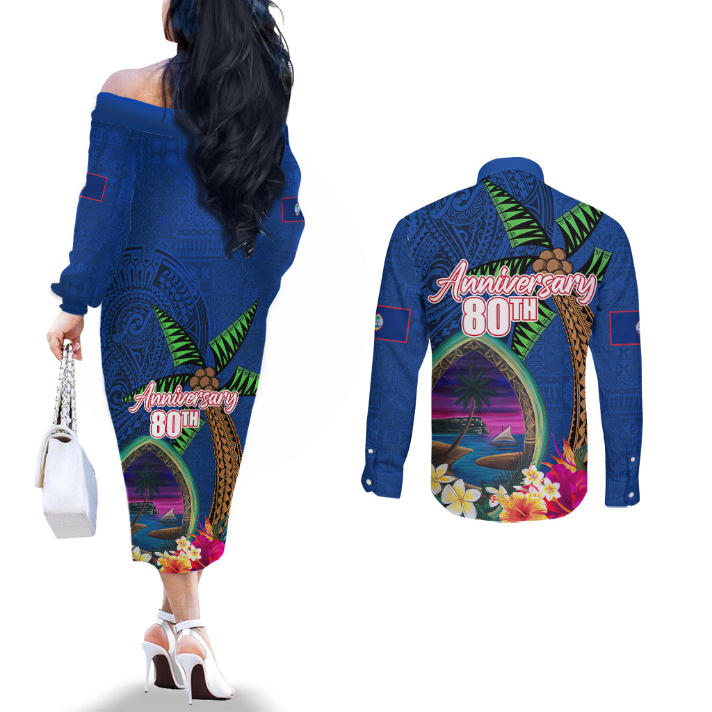 Guam Liberation Day 80th Anniversary Couples Matching Off The Shoulder Long Sleeve Dress and Long Sleeve Button Shirt Palm Tree and Seal Artwork Hibiscus Polynesian Pattern LT03 - Polynesian Pride