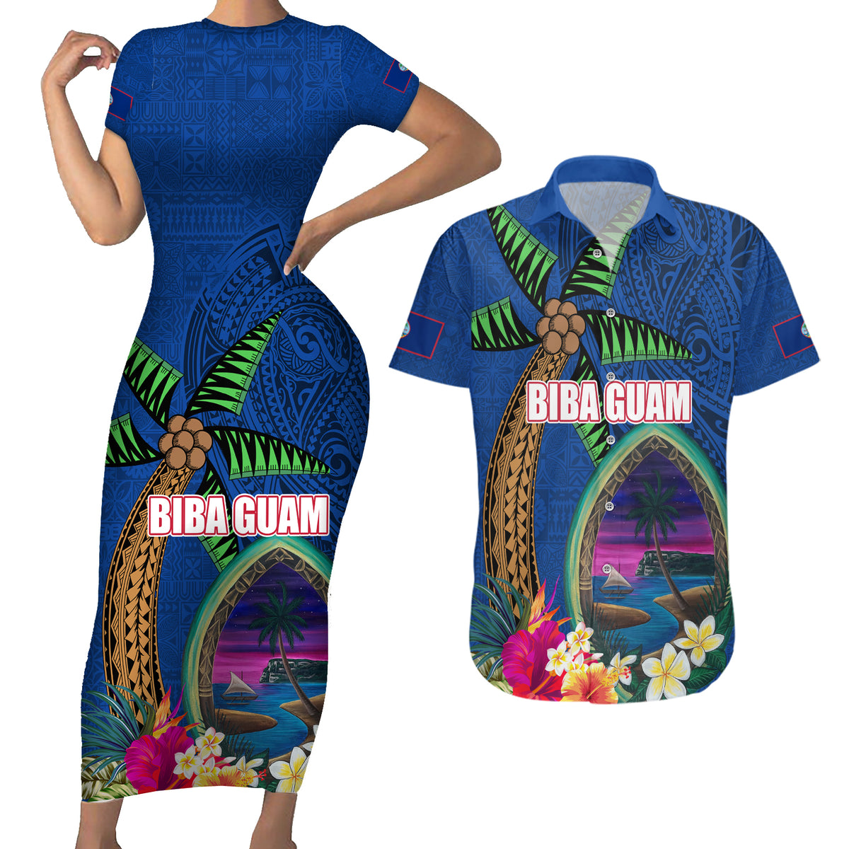Guam Liberation Day 80th Anniversary Couples Matching Short Sleeve Bodycon Dress and Hawaiian Shirt Palm Tree and Seal Artwork Hibiscus Polynesian Pattern LT03 Blue - Polynesian Pride