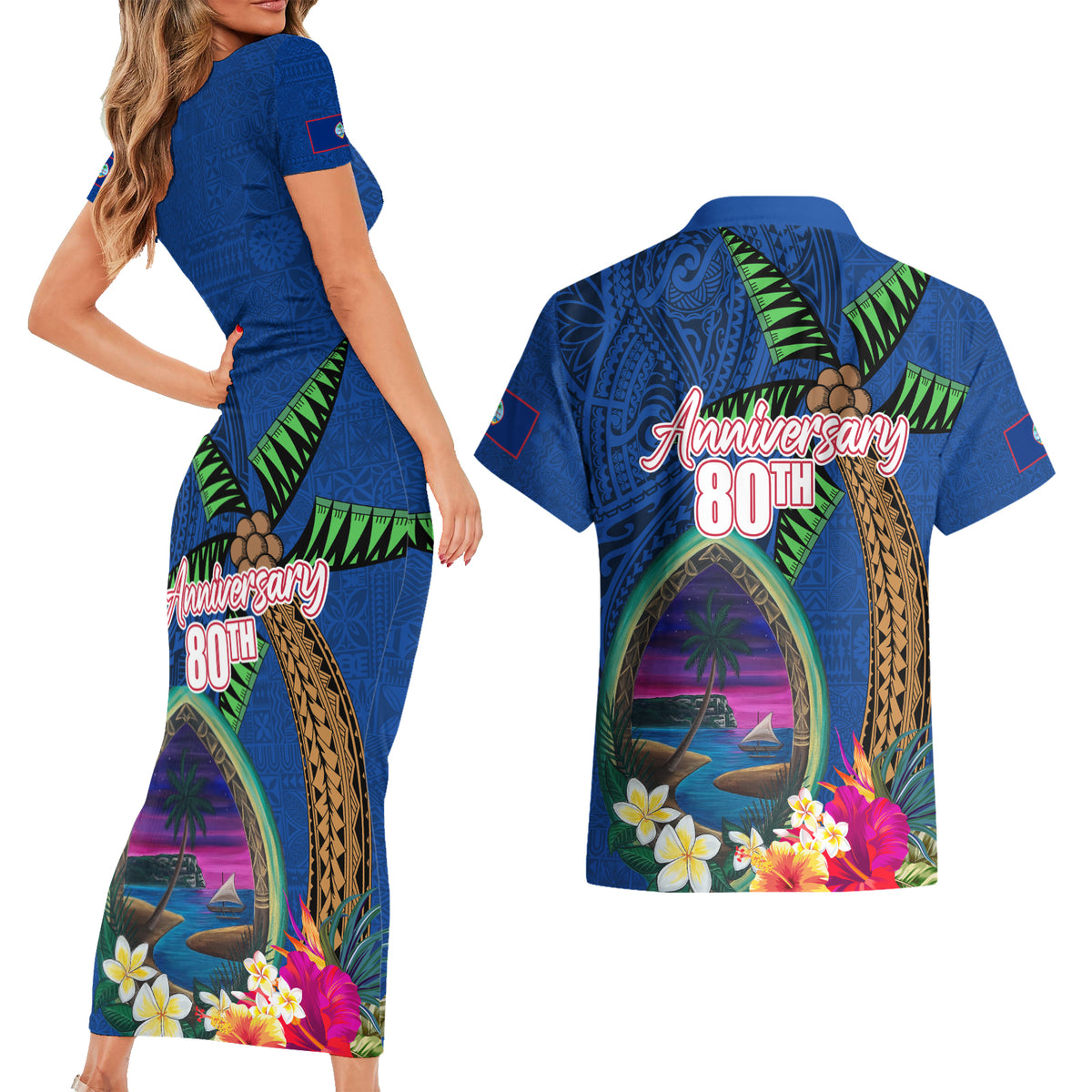 Guam Liberation Day 80th Anniversary Couples Matching Short Sleeve Bodycon Dress and Hawaiian Shirt Palm Tree and Seal Artwork Hibiscus Polynesian Pattern LT03 - Polynesian Pride