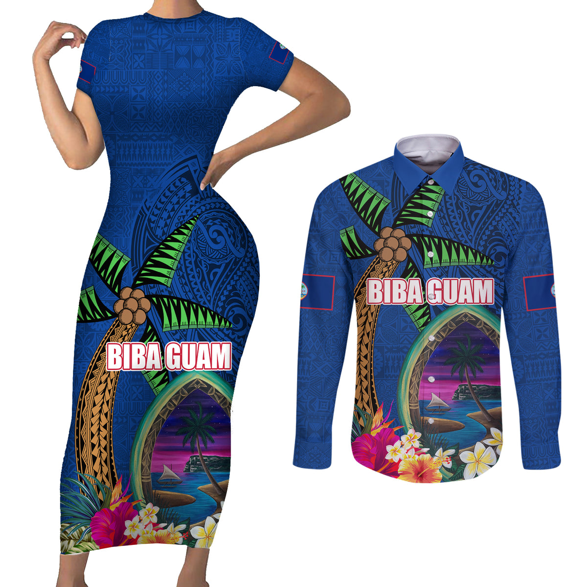 Guam Liberation Day 80th Anniversary Couples Matching Short Sleeve Bodycon Dress and Long Sleeve Button Shirt Palm Tree and Seal Artwork Hibiscus Polynesian Pattern LT03 Blue - Polynesian Pride