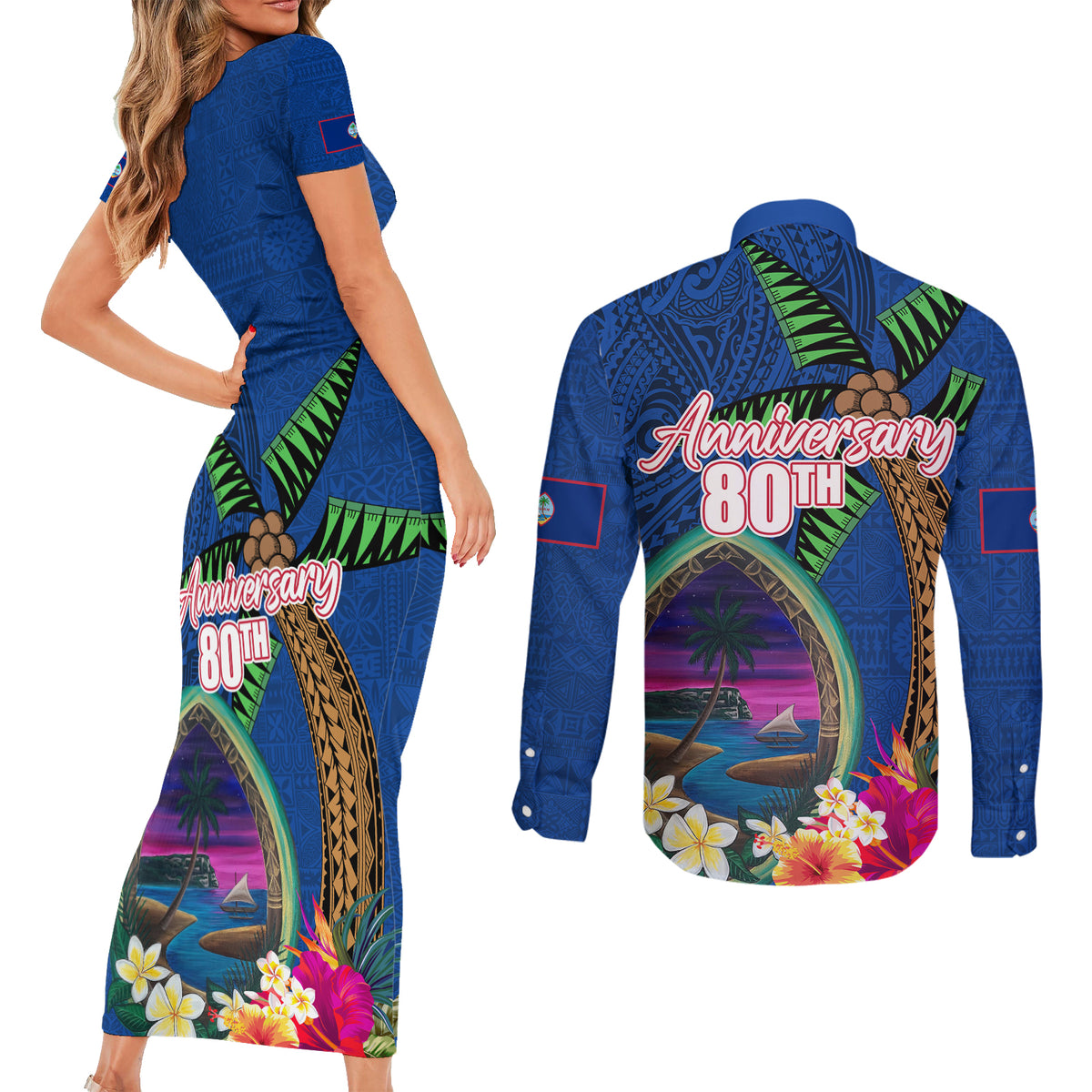Guam Liberation Day 80th Anniversary Couples Matching Short Sleeve Bodycon Dress and Long Sleeve Button Shirt Palm Tree and Seal Artwork Hibiscus Polynesian Pattern LT03 - Polynesian Pride