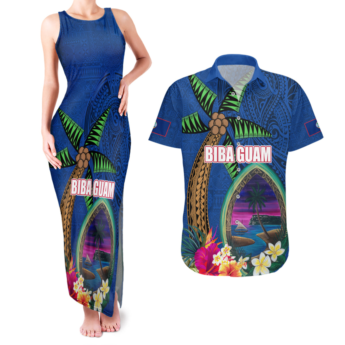 Guam Liberation Day 80th Anniversary Couples Matching Tank Maxi Dress and Hawaiian Shirt Palm Tree and Seal Artwork Hibiscus Polynesian Pattern LT03 Blue - Polynesian Pride