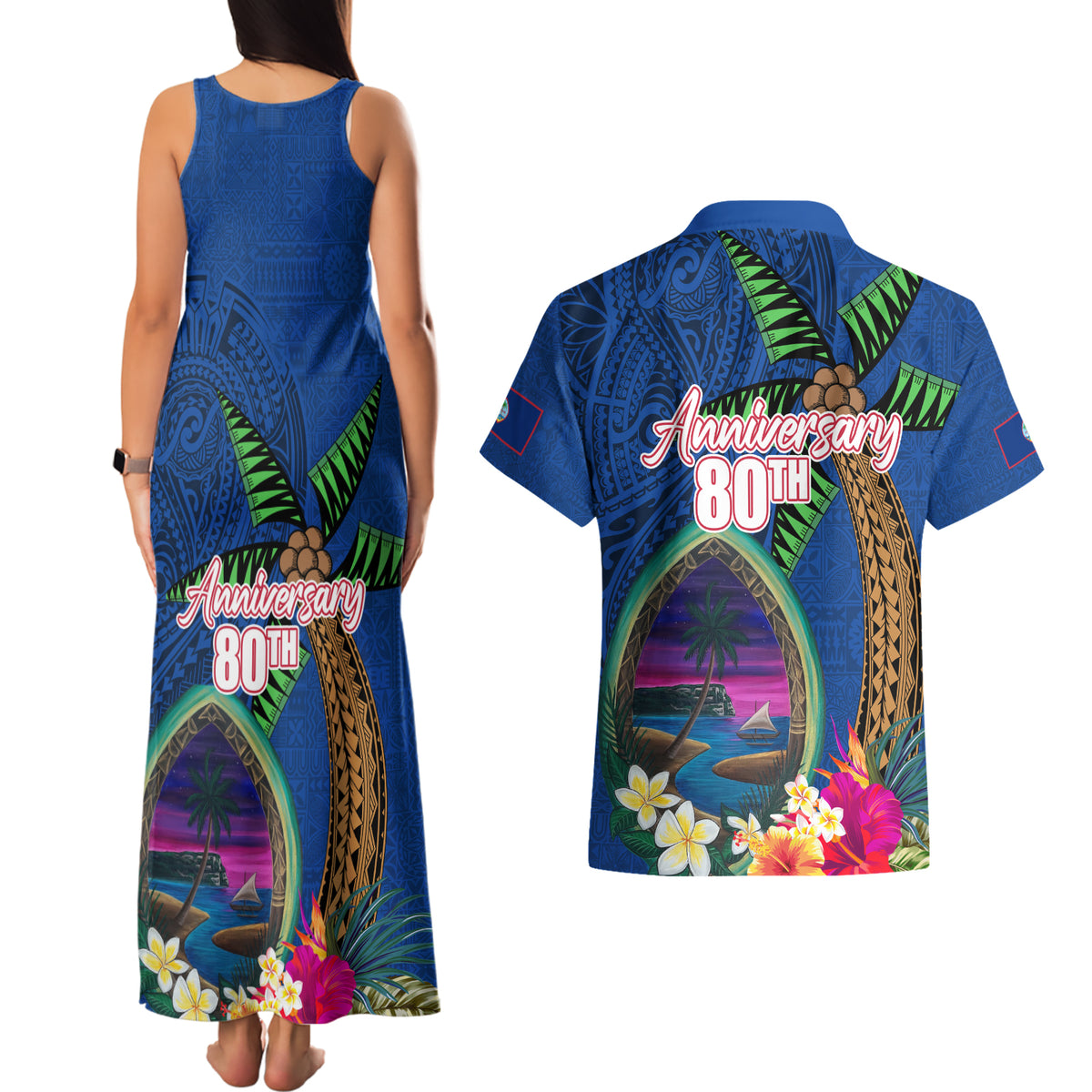 Guam Liberation Day 80th Anniversary Couples Matching Tank Maxi Dress and Hawaiian Shirt Palm Tree and Seal Artwork Hibiscus Polynesian Pattern LT03 - Polynesian Pride