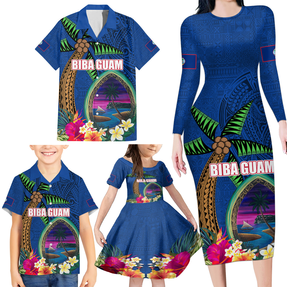 Guam Liberation Day 80th Anniversary Family Matching Long Sleeve Bodycon Dress and Hawaiian Shirt Palm Tree and Seal Artwork Hibiscus Polynesian Pattern LT03 - Polynesian Pride