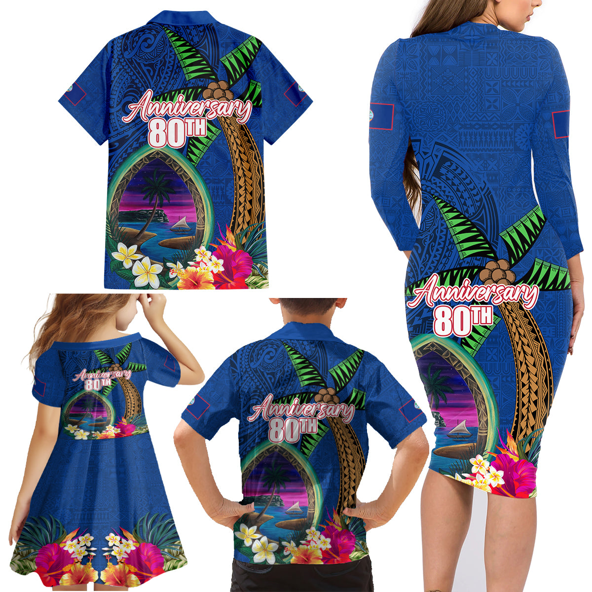 Guam Liberation Day 80th Anniversary Family Matching Long Sleeve Bodycon Dress and Hawaiian Shirt Palm Tree and Seal Artwork Hibiscus Polynesian Pattern LT03 - Polynesian Pride