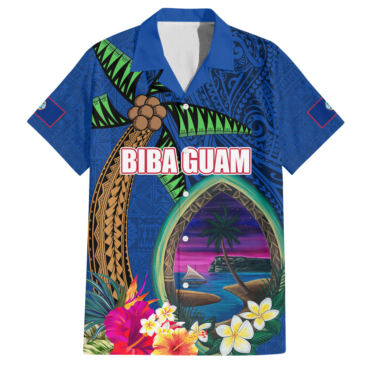 Guam Liberation Day 80th Anniversary Family Matching Long Sleeve Bodycon Dress and Hawaiian Shirt Palm Tree and Seal Artwork Hibiscus Polynesian Pattern LT03 Dad's Shirt - Short Sleeve Blue - Polynesian Pride