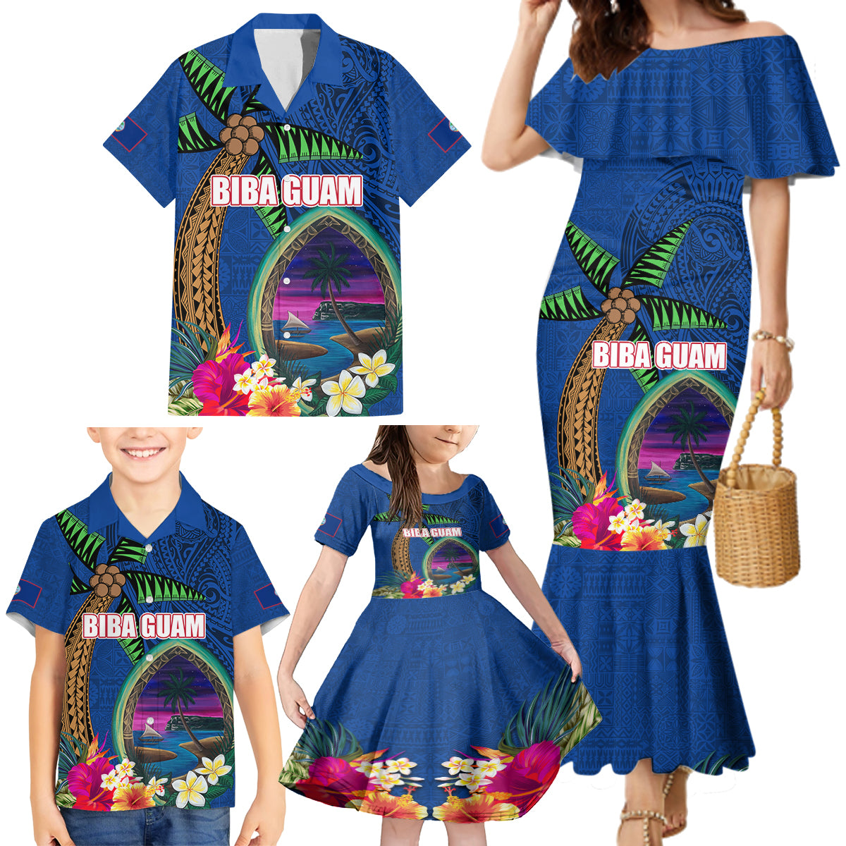 Guam Liberation Day 80th Anniversary Family Matching Mermaid Dress and Hawaiian Shirt Palm Tree and Seal Artwork Hibiscus Polynesian Pattern LT03 - Polynesian Pride
