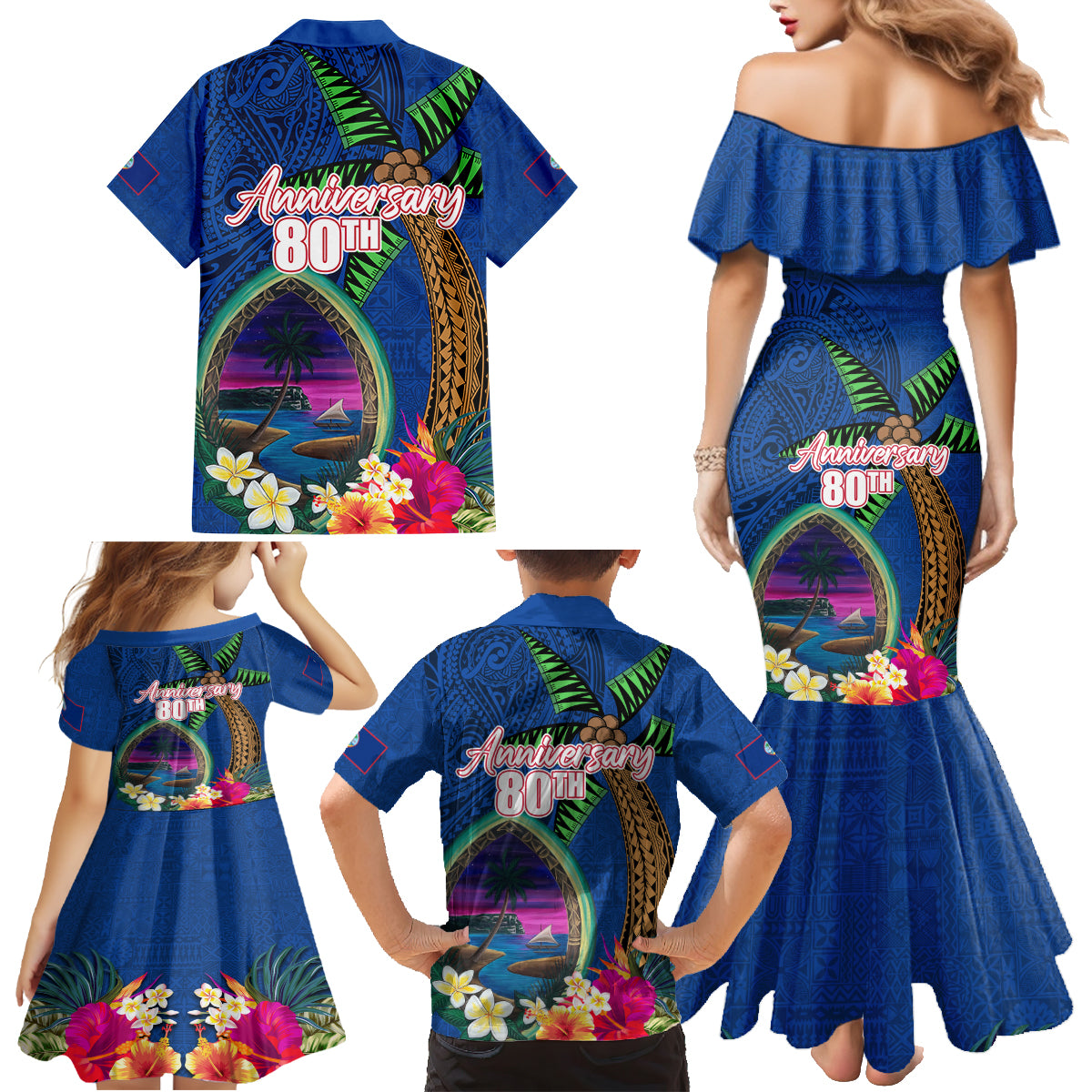 Guam Liberation Day 80th Anniversary Family Matching Mermaid Dress and Hawaiian Shirt Palm Tree and Seal Artwork Hibiscus Polynesian Pattern LT03 - Polynesian Pride