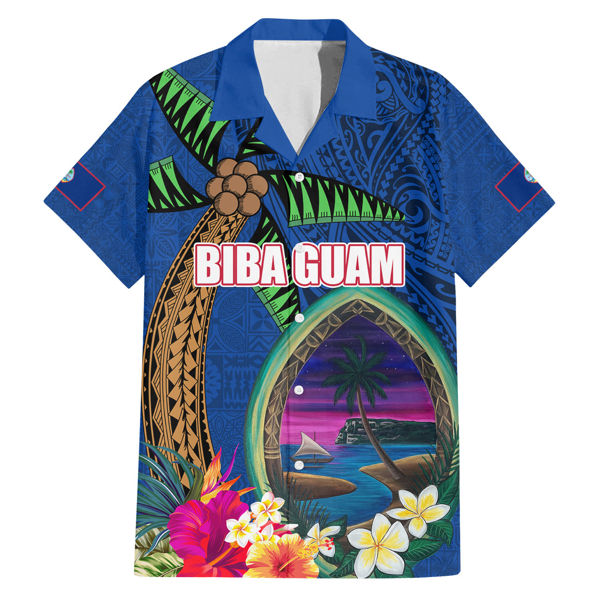 Guam Liberation Day 80th Anniversary Family Matching Mermaid Dress and Hawaiian Shirt Palm Tree and Seal Artwork Hibiscus Polynesian Pattern LT03 Dad's Shirt - Short Sleeve Blue - Polynesian Pride