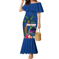 Guam Liberation Day 80th Anniversary Family Matching Mermaid Dress and Hawaiian Shirt Palm Tree and Seal Artwork Hibiscus Polynesian Pattern LT03 Mom's Dress Blue - Polynesian Pride