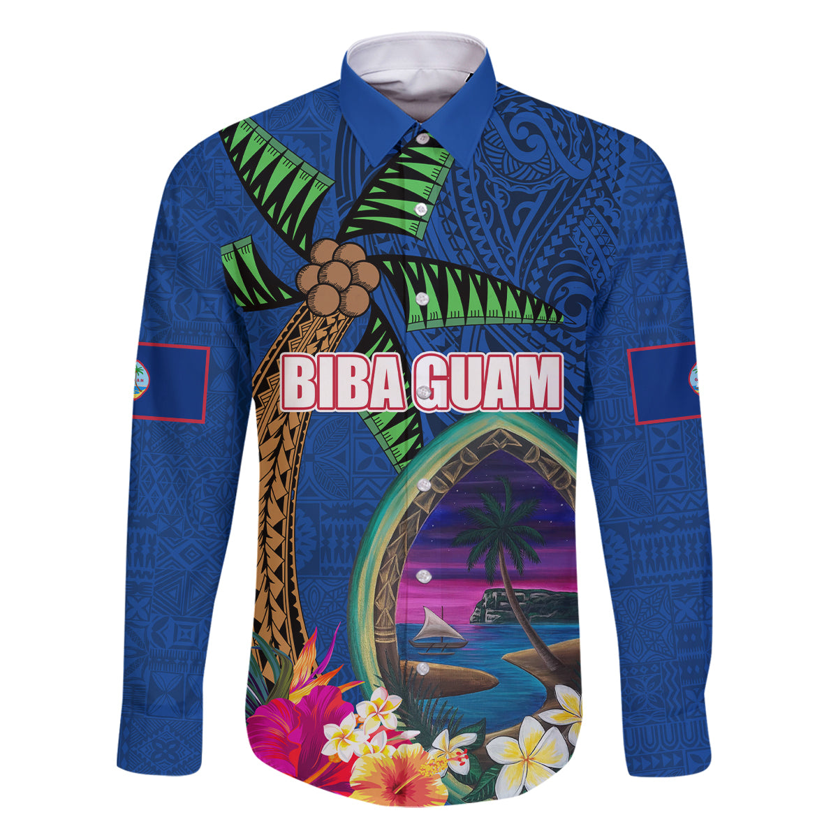 Guam Liberation Day 80th Anniversary Family Matching Off The Shoulder Long Sleeve Dress and Hawaiian Shirt Palm Tree and Seal Artwork Hibiscus Polynesian Pattern LT03 Dad's Shirt - Long Sleeve Blue - Polynesian Pride