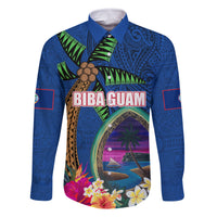 Guam Liberation Day 80th Anniversary Family Matching Off Shoulder Maxi Dress and Hawaiian Shirt Palm Tree and Seal Artwork Hibiscus Polynesian Pattern LT03 Dad's Shirt - Long Sleeve Blue - Polynesian Pride