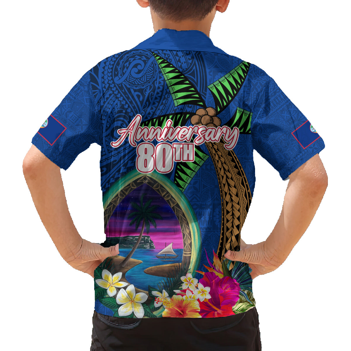 Guam Liberation Day 80th Anniversary Family Matching Off Shoulder Short Dress and Hawaiian Shirt Palm Tree and Seal Artwork Hibiscus Polynesian Pattern LT03 - Polynesian Pride