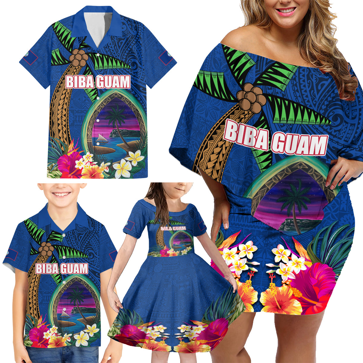 Guam Liberation Day 80th Anniversary Family Matching Off Shoulder Short Dress and Hawaiian Shirt Palm Tree and Seal Artwork Hibiscus Polynesian Pattern LT03 - Polynesian Pride