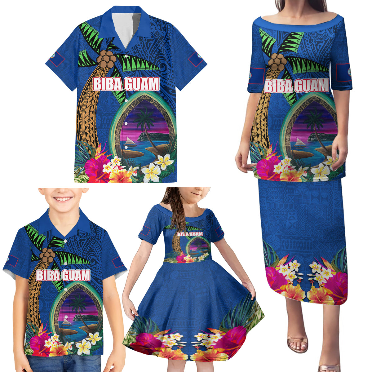 Guam Liberation Day 80th Anniversary Family Matching Puletasi and Hawaiian Shirt Palm Tree and Seal Artwork Hibiscus Polynesian Pattern LT03 - Polynesian Pride