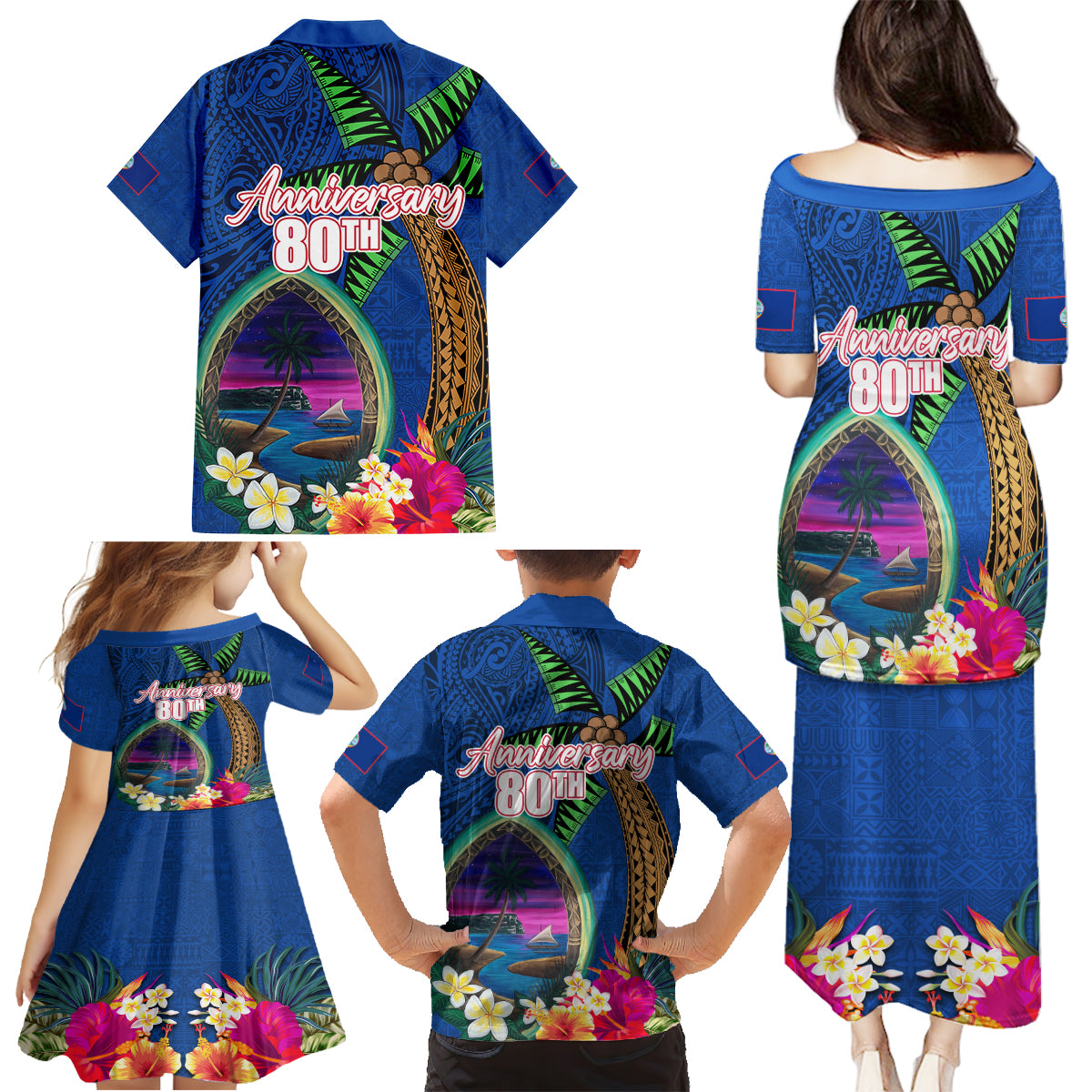 Guam Liberation Day 80th Anniversary Family Matching Puletasi and Hawaiian Shirt Palm Tree and Seal Artwork Hibiscus Polynesian Pattern LT03 - Polynesian Pride