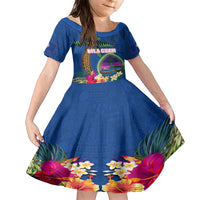 Guam Liberation Day 80th Anniversary Family Matching Short Sleeve Bodycon Dress and Hawaiian Shirt Palm Tree and Seal Artwork Hibiscus Polynesian Pattern LT03 Daughter's Dress Blue - Polynesian Pride