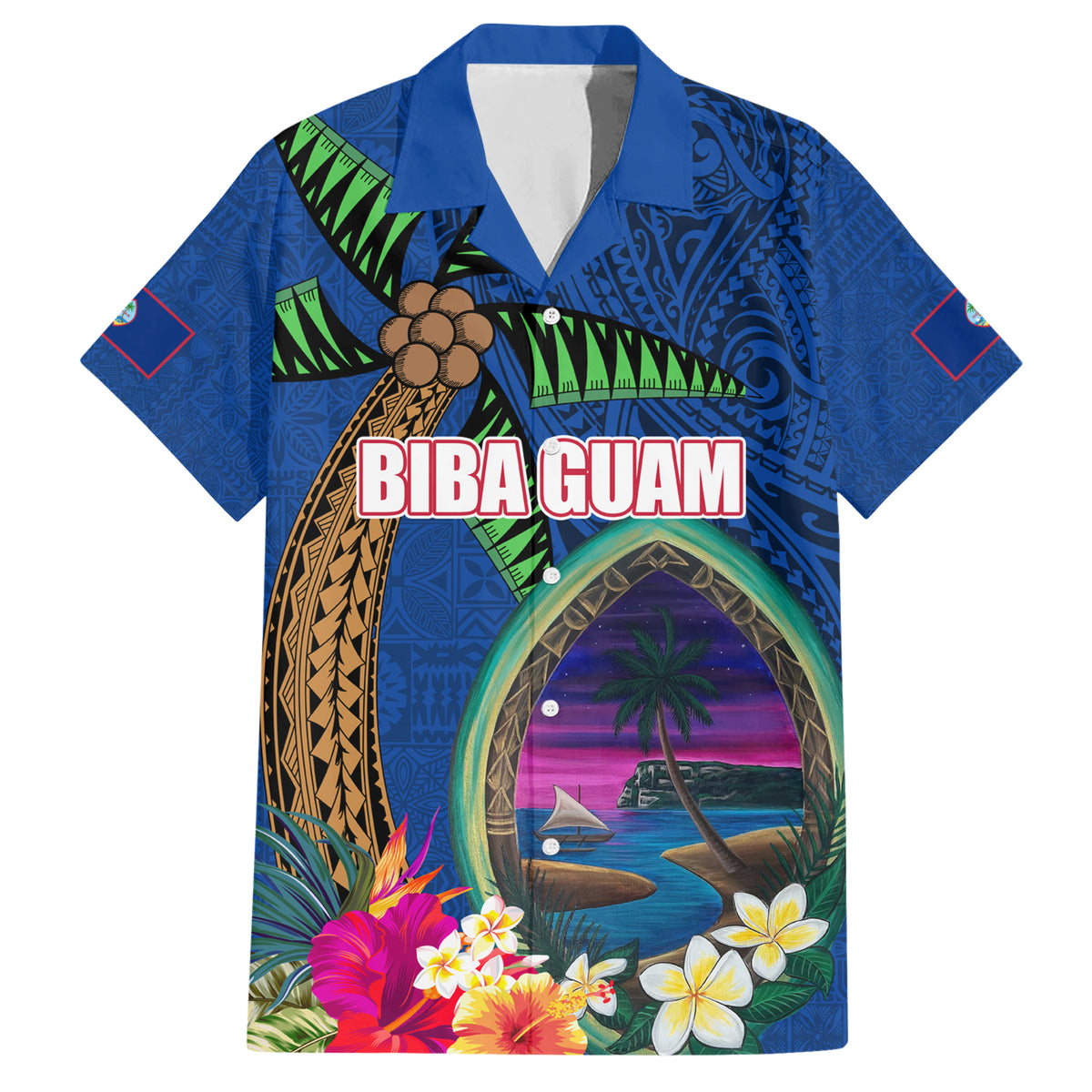 Guam Liberation Day 80th Anniversary Family Matching Short Sleeve Bodycon Dress and Hawaiian Shirt Palm Tree and Seal Artwork Hibiscus Polynesian Pattern LT03 Dad's Shirt - Short Sleeve Blue - Polynesian Pride
