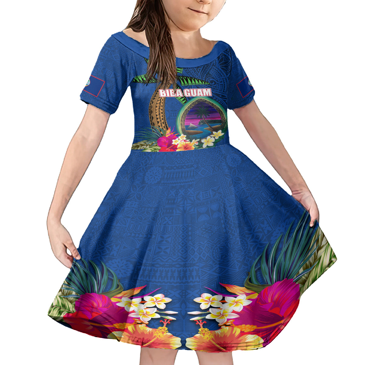 Guam Liberation Day 80th Anniversary Family Matching Summer Maxi Dress and Hawaiian Shirt Palm Tree and Seal Artwork Hibiscus Polynesian Pattern LT03 Daughter's Dress Blue - Polynesian Pride