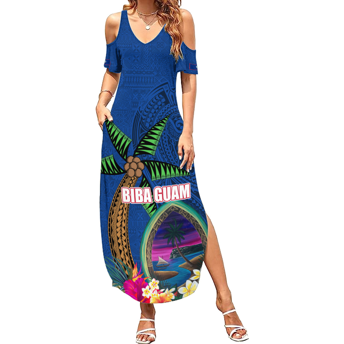 Guam Liberation Day 80th Anniversary Family Matching Summer Maxi Dress and Hawaiian Shirt Palm Tree and Seal Artwork Hibiscus Polynesian Pattern LT03 Mom's Dress Blue - Polynesian Pride