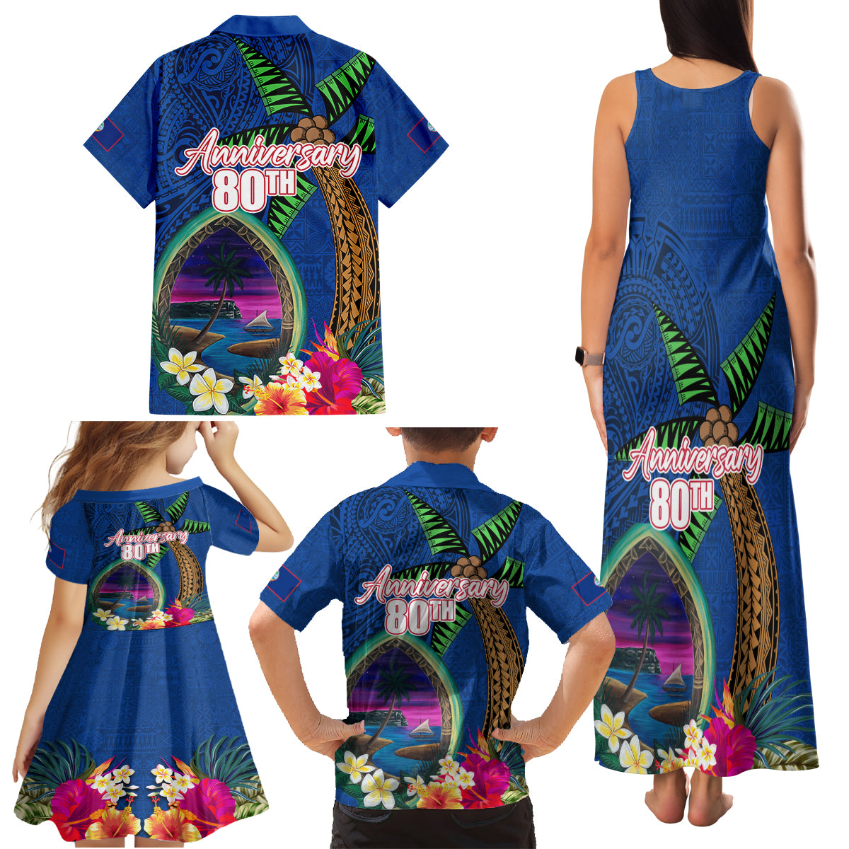 Guam Liberation Day 80th Anniversary Family Matching Tank Maxi Dress and Hawaiian Shirt Palm Tree and Seal Artwork Hibiscus Polynesian Pattern LT03 - Polynesian Pride