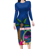 Guam Liberation Day 80th Anniversary Long Sleeve Bodycon Dress Palm Tree and Seal Artwork Hibiscus Polynesian Pattern LT03 Long Dress Blue - Polynesian Pride