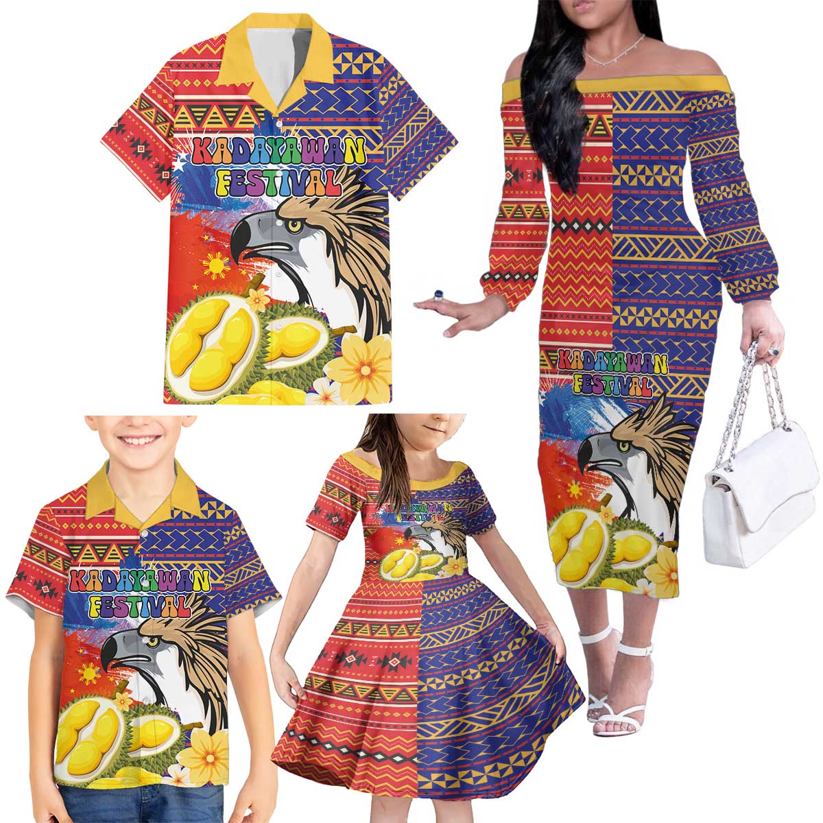 Philippines Kadayawan Family Matching Off The Shoulder Long Sleeve Dress and Hawaiian Shirt Filipino Eagle Durian with Polynesian and Igorots Pattern LT03 - Polynesian Pride