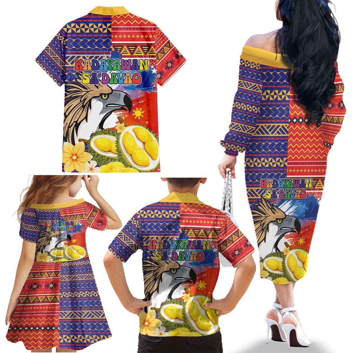 Philippines Kadayawan Family Matching Off The Shoulder Long Sleeve Dress and Hawaiian Shirt Filipino Eagle Durian with Polynesian and Igorots Pattern LT03 - Polynesian Pride