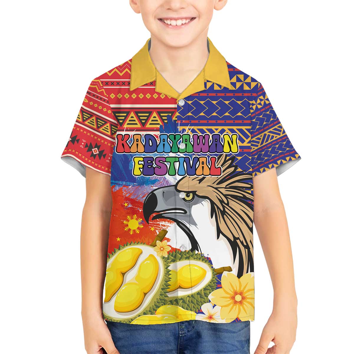 Philippines Kadayawan Family Matching Off The Shoulder Long Sleeve Dress and Hawaiian Shirt Filipino Eagle Durian with Polynesian and Igorots Pattern LT03 Son's Shirt Red - Polynesian Pride