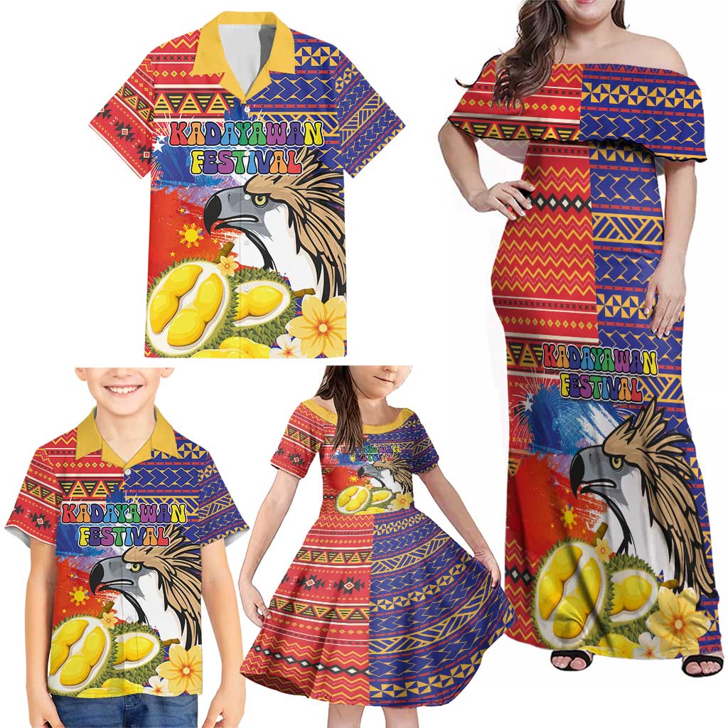 Philippines Kadayawan Family Matching Off Shoulder Maxi Dress and Hawaiian Shirt Filipino Eagle Durian with Polynesian and Igorots Pattern LT03 - Polynesian Pride