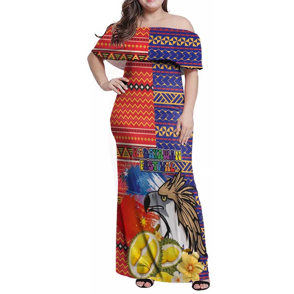Philippines Kadayawan Family Matching Off Shoulder Maxi Dress and Hawaiian Shirt Filipino Eagle Durian with Polynesian and Igorots Pattern LT03 Mom's Dress Red - Polynesian Pride
