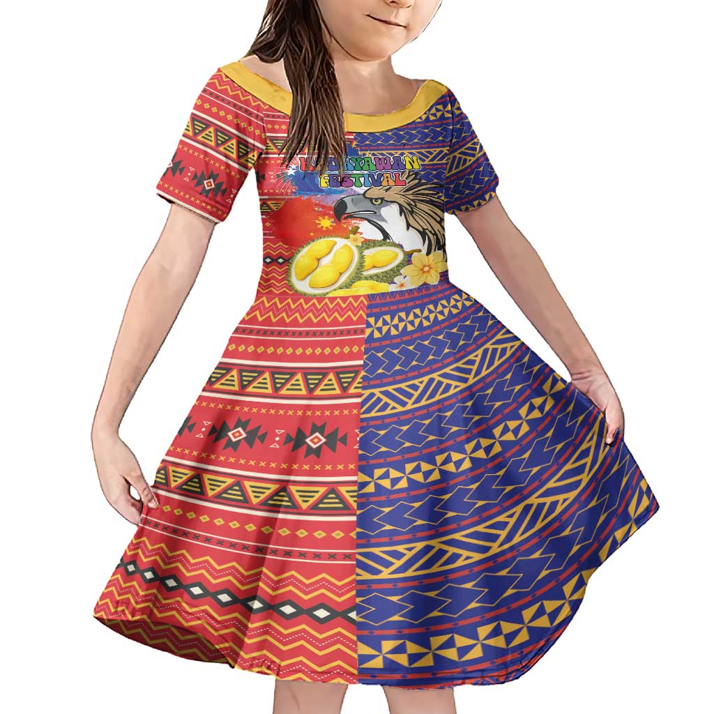 Philippines Kadayawan Family Matching Short Sleeve Bodycon Dress and Hawaiian Shirt Filipino Eagle Durian with Polynesian and Igorots Pattern LT03 Daughter's Dress Red - Polynesian Pride