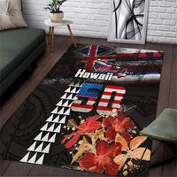 Hawaii Statehood Day Area Rug 50th state of the United States Kakau Tattoos and Hibiscus Grunge LT03 Black - Polynesian Pride