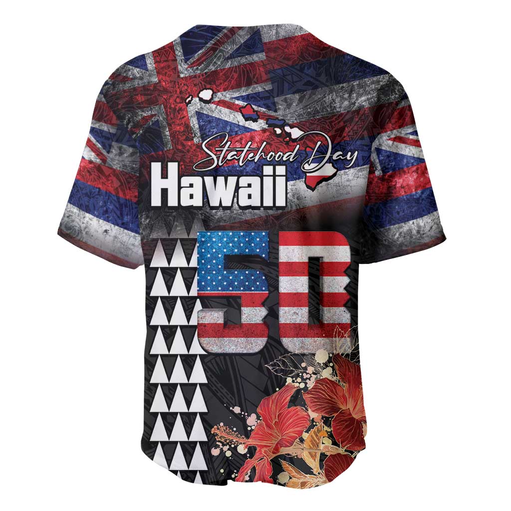 Hawaii Statehood Day Baseball Jersey 50th state of the United States Kakau Tattoos and Hibiscus Grunge LT03 - Polynesian Pride